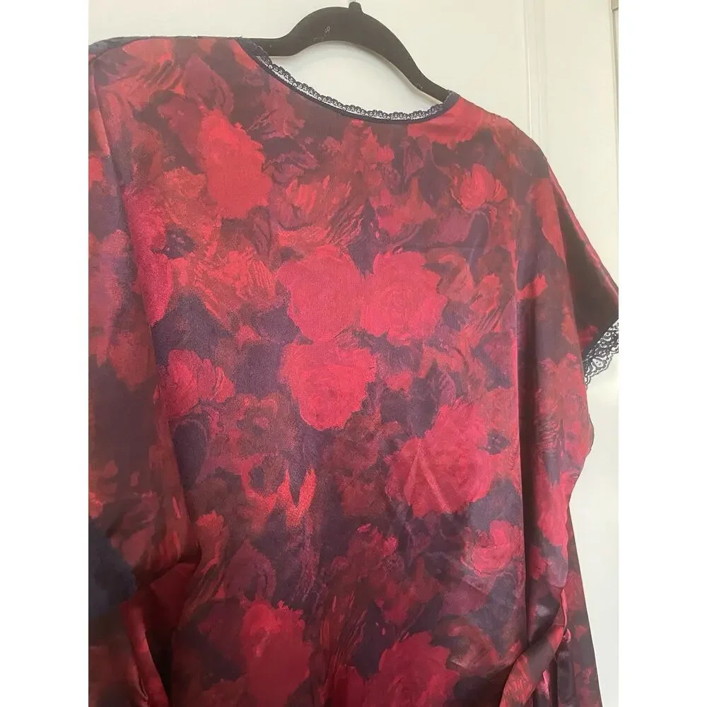 80s Vintage Vanity Fair Satin Floral Red Roses Navy Lace Trimmed Robe/Kimono LG